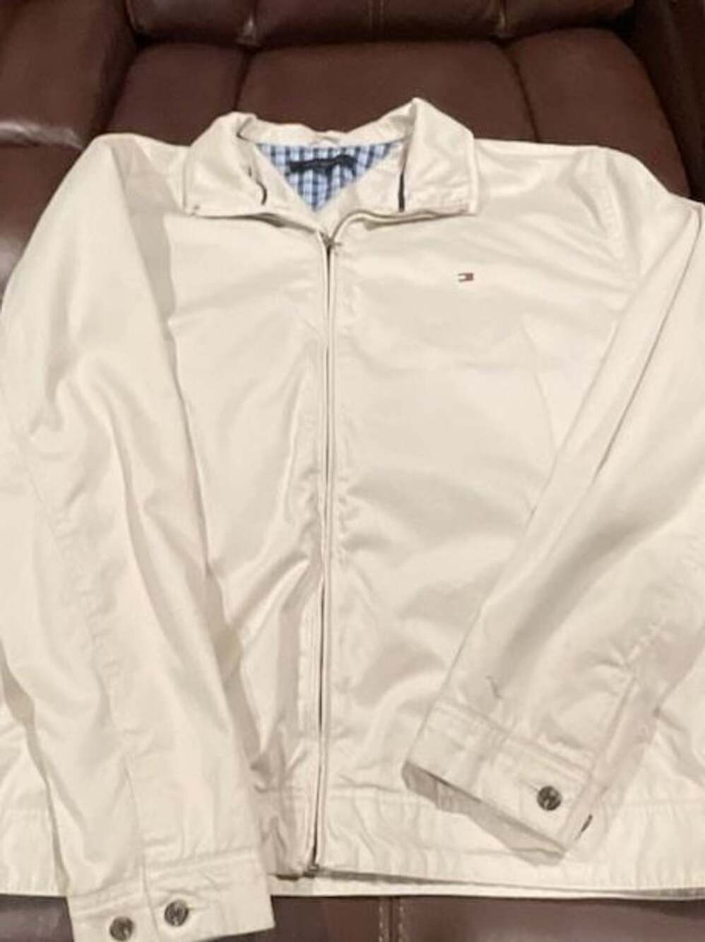 Tommy Hilfiger Men's Beige Lightweight Full Zip Jacket with Plaid Lining Size XL